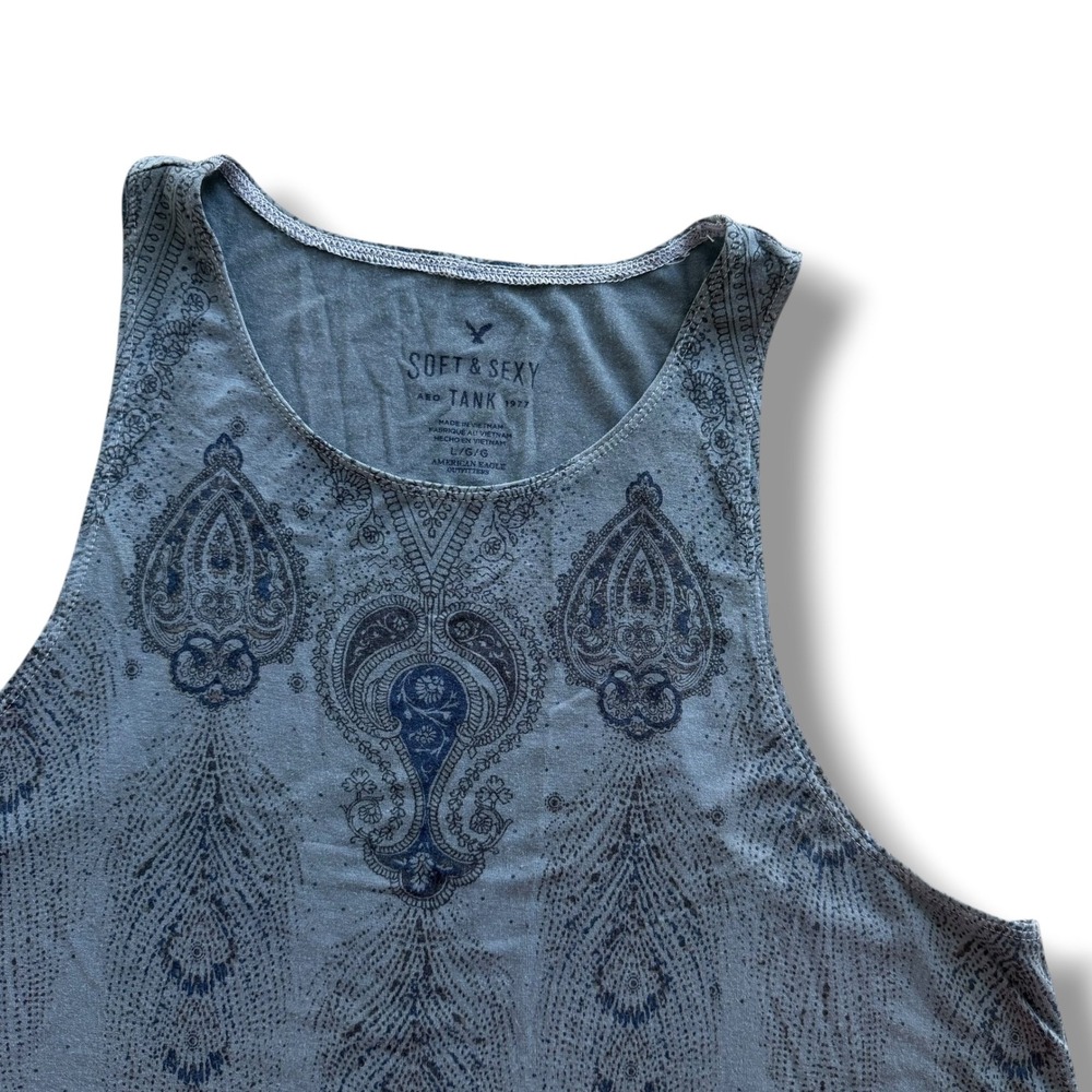 American Eagle Soft & Sexy Women L Blue Paisley HighNeck Racerback Tank Top Boho